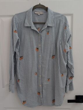 LOFT oversized embroidered orange button down seersucker top blouse L